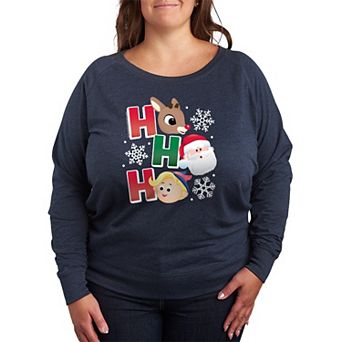 Plus Size Rudolph The Red-Nosed Reindeer Ho Ho Ho Graphic French Terry Long Sleeve Tee