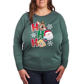 Plus Size Rudolph The Red-Nosed Reindeer Ho Ho Ho Graphic French Terry Long Sleeve Tee