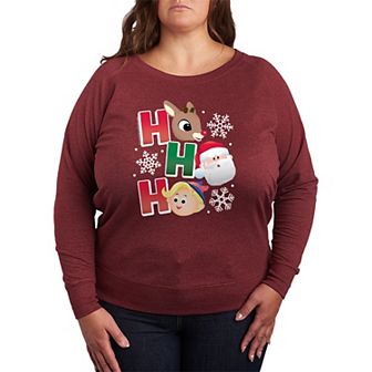 Plus Size Rudolph The Red-Nosed Reindeer Ho Ho Ho Graphic French Terry Long Sleeve Tee