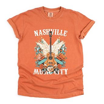 Nashville Music City Guitar Grunge - Womens Garment Dyed Tee