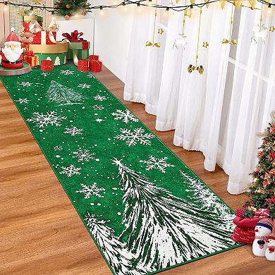 Christmas Rugs Snowy Tree Print Washed Cotton Reversible Foldable Floor Mat Holiday Home Decor Rug