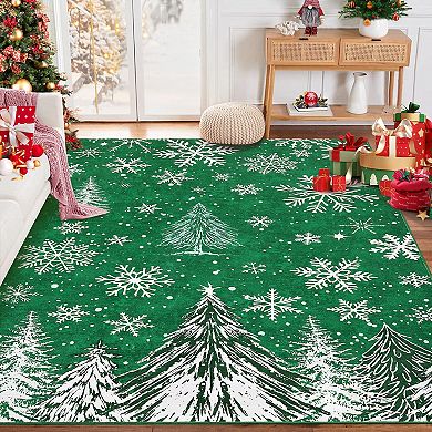 Christmas Rugs Snowy Tree Print Washed Cotton Reversible Foldable Floor Mat Holiday Home Decor Rug