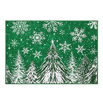 Christmas Rugs Snowy Tree Print Washed Cotton Reversible Foldable Floor Mat Holiday Home Decor Rug