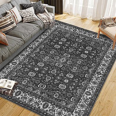 Washable Area Rug Low Pile Floral Vintage Stain Resistant Non Shedding Floor Carpets for Home Office