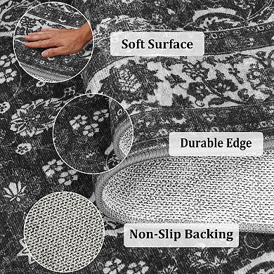 Washable Area Rug Low Pile Floral Vintage Stain Resistant Non Shedding Floor Carpets for Home Office