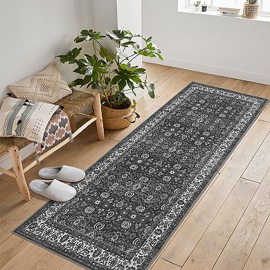 Washable Area Rug Low Pile Floral Vintage Stain Resistant Non Shedding Floor Carpets for Home Office