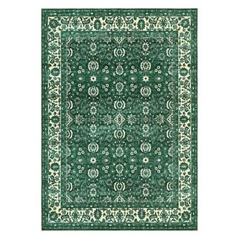 Washable Area Rug Low Pile Floral Vintage Stain Resistant Non Shedding Floor Carpets for Home Office