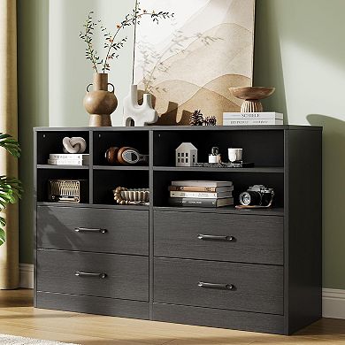 Bedroom Dresser with 4 Drawers&6 Open Shelves, Modern Wooden Dresser, Space-Saving Chest of Drawer