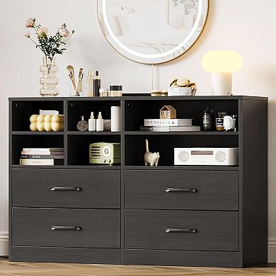 Bedroom Dresser with 4 Drawers&6 Open Shelves, Modern Wooden Dresser, Space-Saving Chest of Drawer
