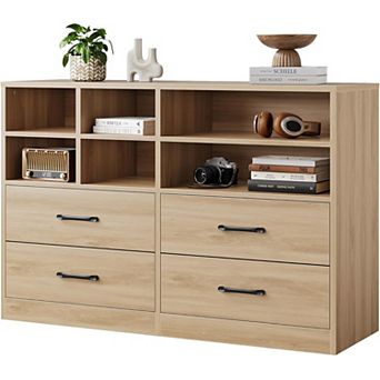 Bedroom Dresser with 4 Drawers&6 Open Shelves, Modern Wooden Dresser, Space-Saving Chest of Drawer