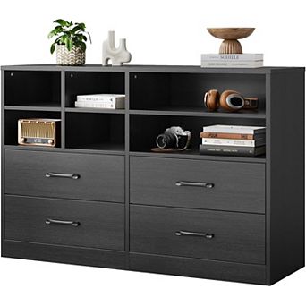 Bedroom Dresser with 4 Drawers&6 Open Shelves, Modern Wooden Dresser, Space-Saving Chest of Drawer
