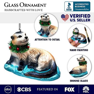 Cute Otter Glass Christmas Ornament, Exotic Animal Tree Decoration