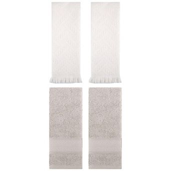 4 pc Solid Striped and Jacquard Pattern Hand Towel Set, Cotton Soft Decorative Towel 14"x30"&13"x29"