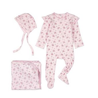 3 pc Baby Girls Mini-Ribbed Cotton Rich Ruffled-Sleeve Floral Footie Set