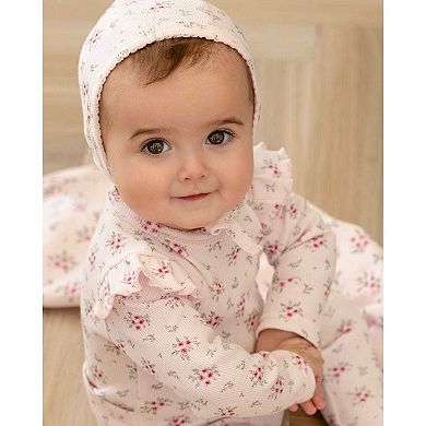 3 Piece Baby Girls Mini-Ribbed Cotton Rich Ruffled-Sleeve Floral Footie Set