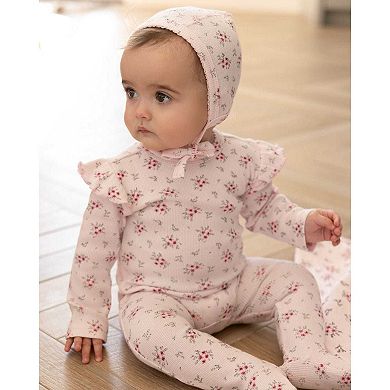 3 Piece Baby Girls Mini-Ribbed Cotton Rich Ruffled-Sleeve Floral Footie Set