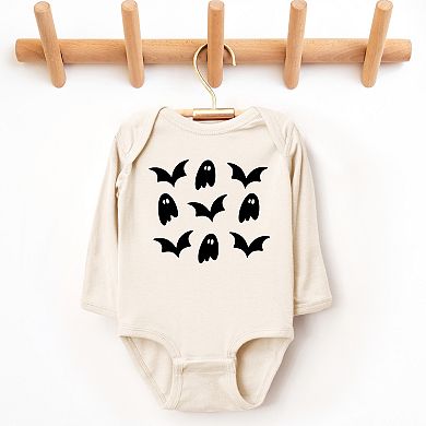 Ghosts and Bats Stacked - Baby Long Sleeve Bodysuit