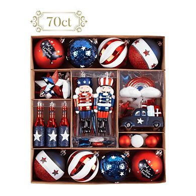 USA Flag Inspired Patriotic Ornament Set, 70pc Red White Blue Baubles