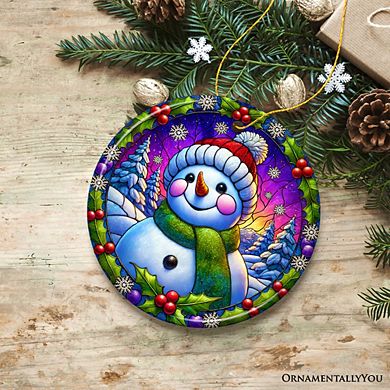 Snowman with Holly Stained Glass Style Ceramic Ornament, Christmas Gift and Decor
