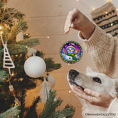 Snowman with Holly Stained Glass Style Ceramic Ornament, Christmas Gift and Decor