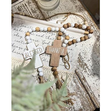 Wood Thankful Cross Hanging Decor Decorated with Bead Garland for Thanksgiving Gift