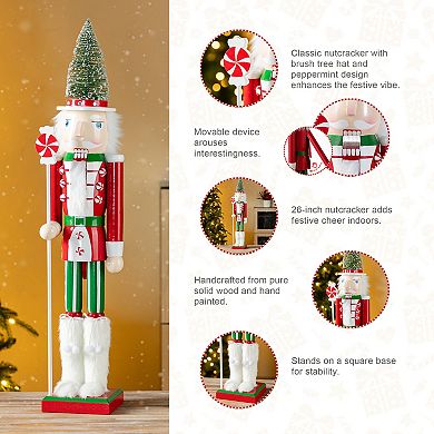 Glitzhome 26"H Green Brush Tree Nutcracker, Christmas Wooden Nutcracker Porch Decor