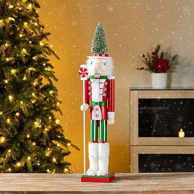 Glitzhome 26"H Green Brush Tree Nutcracker, Christmas Wooden Nutcracker Porch Decor