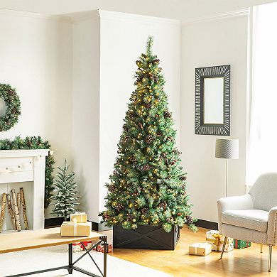 Glitzhome 26" L Wooden Tree Collar, Tree Base Cover Christmas Tree Skirt Tree Box Rustic Decor