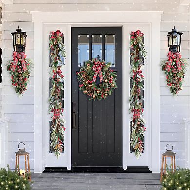 Glitzhome 6FT Bell, Pinecone & Berry Bow Garland, Christmas Greenery Garland For Indoor &Porch use