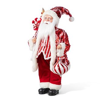 Glitzhome 18"H Peppermint Santa Figurine, Faux Fur Standing Santa Table Decor for Christmas Holiday