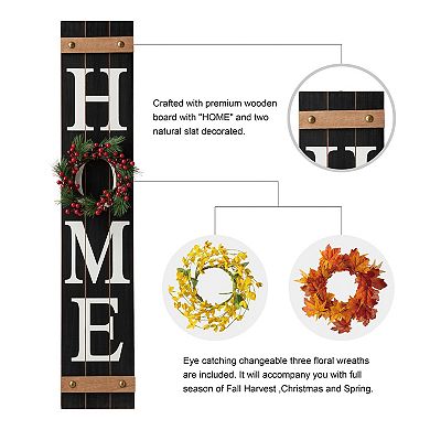 Glitzhome 42"H Welcome "HOME" Floral Porch Decor, Wooden Porch Sign with 3 Changeable Wreathes