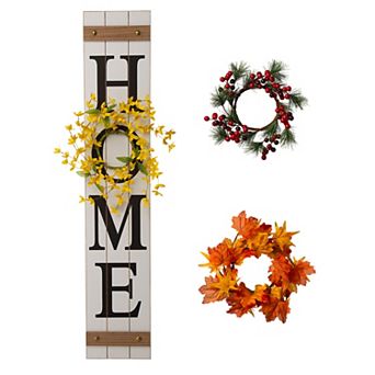 Glitzhome 42"H Welcome "HOME" Floral Porch Decor, Wooden Porch Sign with 3 Changeable Wreathes