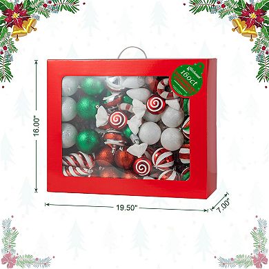 Glitzhome 160ct Christmas Tree Ornaments Set, Red & Green Deluxe Boxed Shatterproof Ornaments