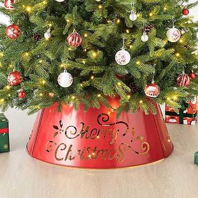 Glitzhome 26" D Metal Merry Christmas Tree Collar, Tree Stand Cover Decorative Christmas Tree Ring