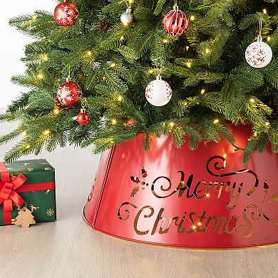 Glitzhome 26" D Metal Merry Christmas Tree Collar, Tree Stand Cover Decorative Christmas Tree Ring