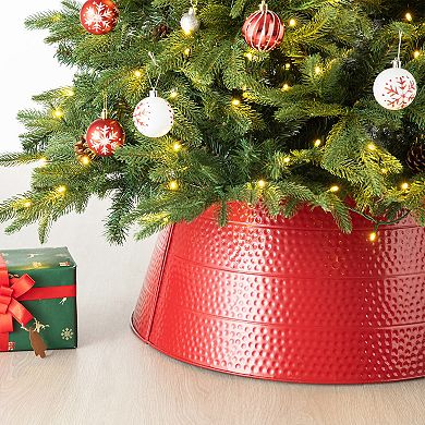 Glitzhome Christmas Hammered Metal Tree Collar, Tree Base Cover Decorative Tree Ring, 26" D
