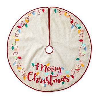 Glitzhome 48"D Tree Skirt - Merry Christmas, Christmas LED Embroidered Linen Tree Mat