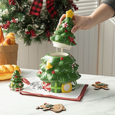 Glitzhome 3 Piece Dolomite Cookie Jar Set, Christmas Tree Jar Tabletop Decor