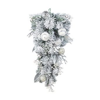 Glitzhome 30"H Ornament and Berry Teardrop, Christmas Silver & White Swag