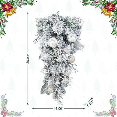 Glitzhome 30"H Ornament and Berry Teardrop, Christmas Silver & White Swag