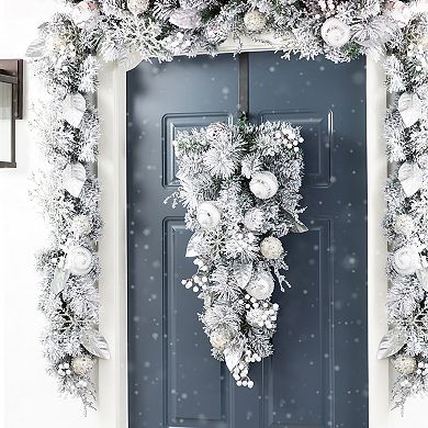 Glitzhome 30"H Ornament and Berry Teardrop, Christmas Silver & White Swag