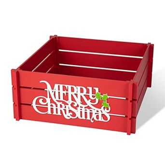 Glitzhome 27" L Wooden Crate Tree Collar, Red Merry Christmas Tree Base Cover Farmhouse Tree Box