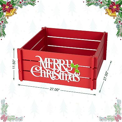 Glitzhome 27" L Wooden Crate Tree Collar, Red Merry Christmas Tree Base Cover Farmhouse Tree Box