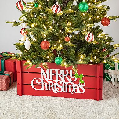 Glitzhome 27" L Wooden Crate Tree Collar, Red Merry Christmas Tree Base Cover Farmhouse Tree Box