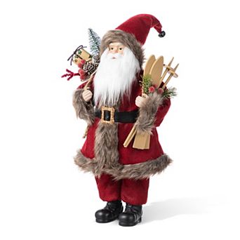 Glitzhome 18"H Christmas Woodland Santa Figurine, Faux Fur Standing Santa for Tabletop & Mantle