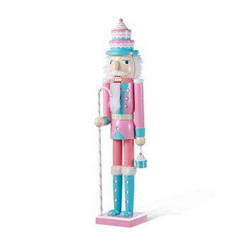 Glitzhome 24"H Nutcracker Decor, Wooden Christmas Pink Cake Nutcracker Porch Decor