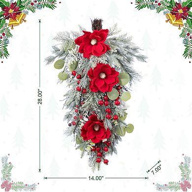 Glitzhome 28"H Red Mangnolia & Berry Teardrop, Christmas Decorative Teardrop Swag