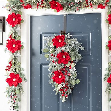 Glitzhome 28"H Red Mangnolia & Berry Teardrop, Christmas Decorative Teardrop Swag