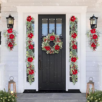 Glitzhome 28"H Red Mangnolia & Berry Teardrop, Christmas Decorative Teardrop Swag