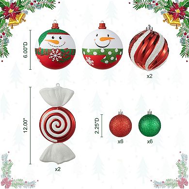 Glitzhome 18ct Shatterproof Ornaments, Red & Green Deluxe Ball Christmas Tree Decorations